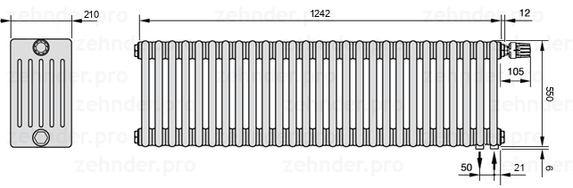 Схема (чертеж) Радиатор Zehnder Charleston 6055/27 №V002 Белый глянцевый RAL 9016